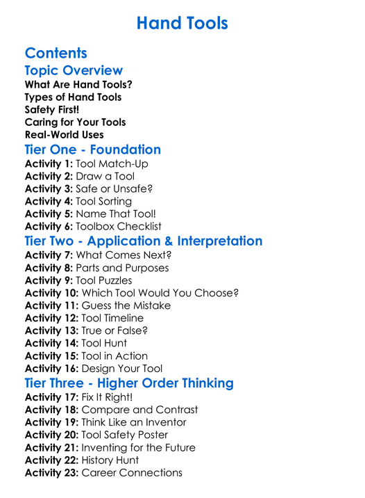 Hand Tools Worksheet Activity Booklet