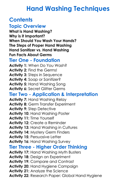 Hand Washing Techniques Worksheet Activity Booklet
