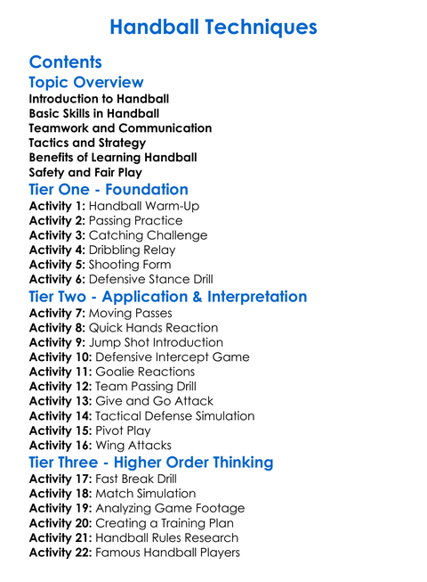 Handball Techniques Worksheet Activity Booklet