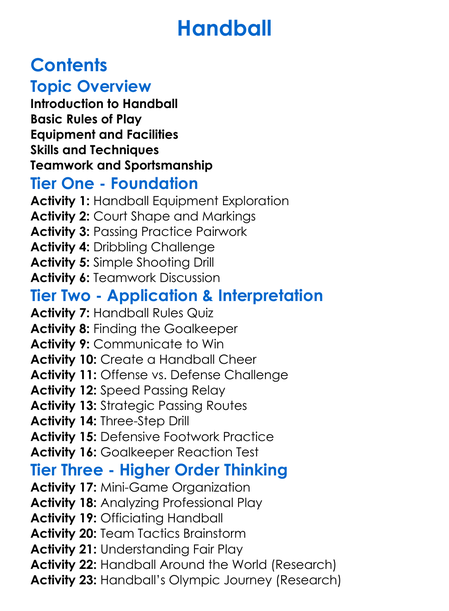 Handball Worksheet Activity Booklet