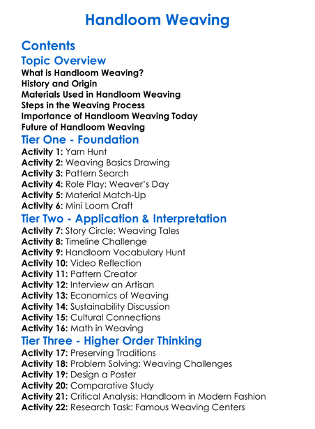 Handloom Weaving Worksheet Activity Booklet