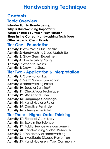 Handwashing Technique Worksheet Activity Booklet