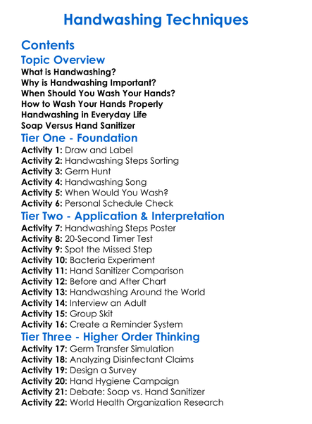 Handwashing Techniques Worksheet Activity Booklet