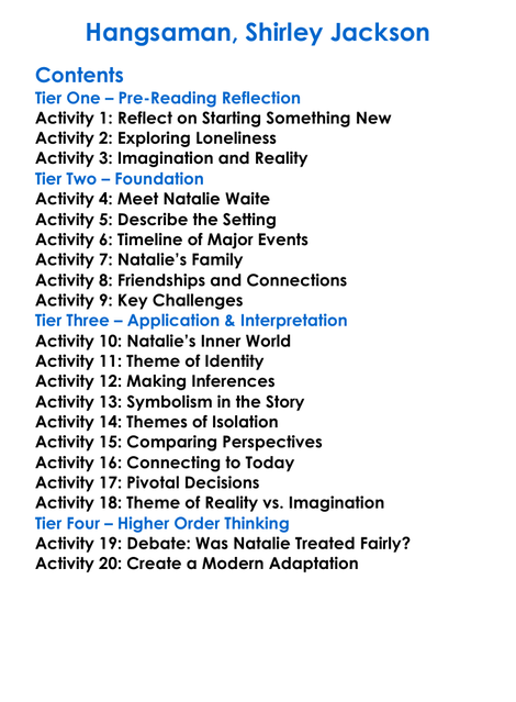 Hangsaman Shirley Jackson Worksheet Activity Booklet