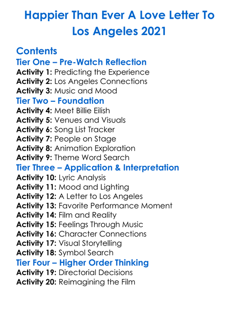 Happier Than Ever A Love Letter To Los Angeles 2021 Worksheet Activity Booklet