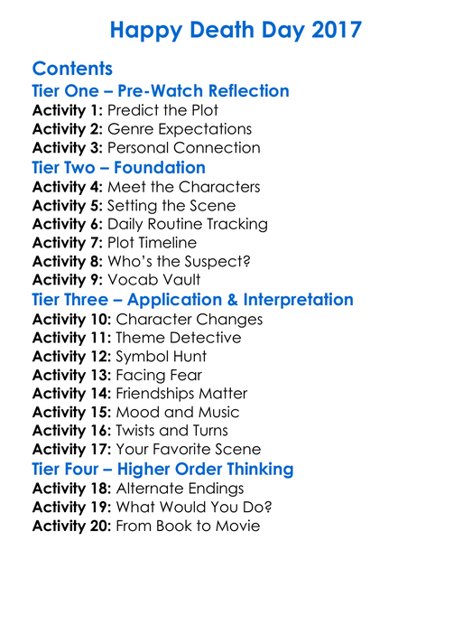 Happy Death Day 2017 Worksheet Activity Booklet