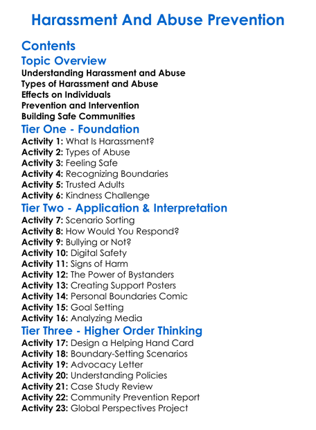 Harassment And Abuse Prevention Worksheet Activity Booklet