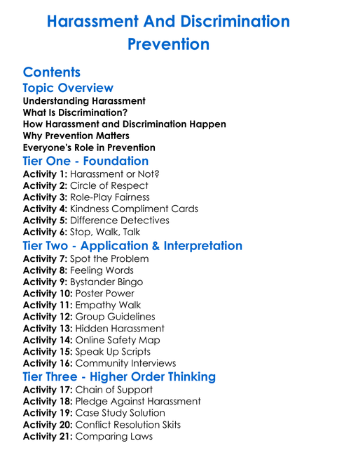 Harassment And Discrimination Prevention Worksheet Activity Booklet