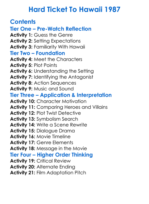 Hard Ticket To Hawaii 1987 Worksheet Activity Booklet