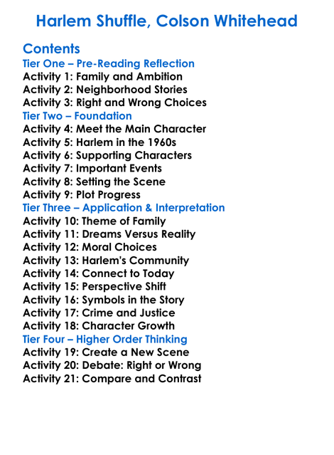 Harlem Shuffle Colson Whitehead Worksheet Activity Booklet