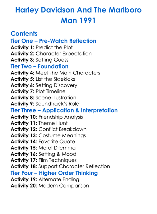 Harley Davidson And The Marlboro Man 1991 Worksheet Activity Booklet