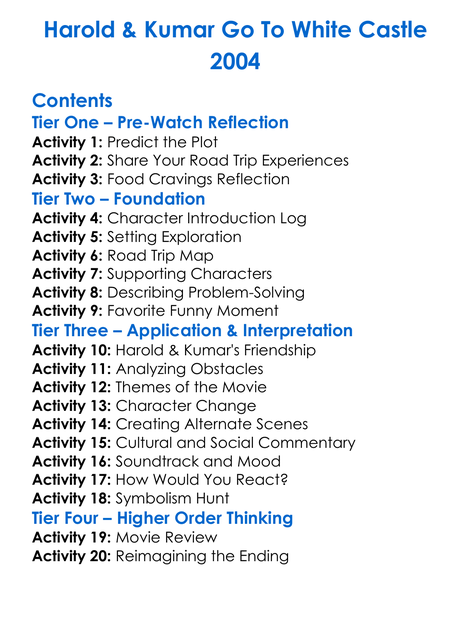 Harold Kumar Go To White Castle 2004 Worksheet Activity Booklet