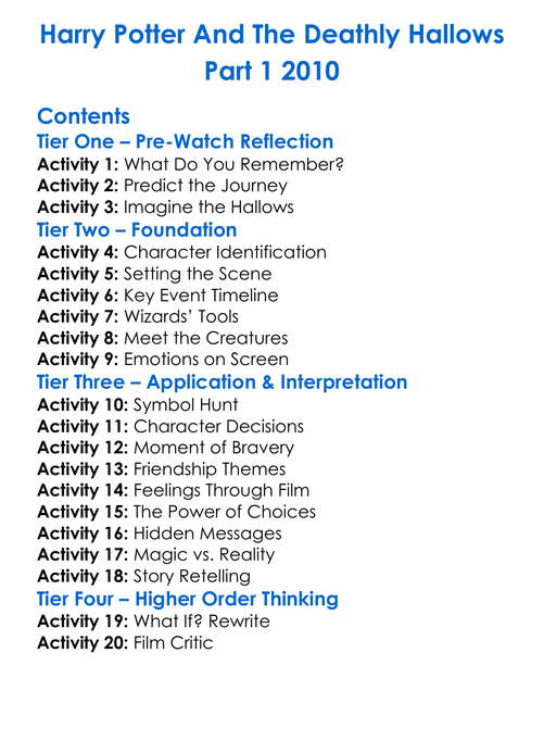 Harry Potter And The Deathly Hallows Part 1 2010 Worksheet Activity Booklet
