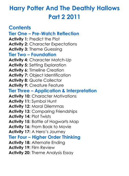 Harry Potter And The Deathly Hallows Part 2 2011 Worksheet Activity Booklet
