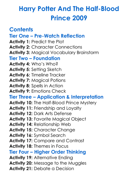 Harry Potter And The Half-Blood Prince 2009 Worksheet Activity Booklet