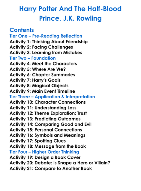 Harry Potter And The Half-Blood Prince Jk Rowling Worksheet Activity Booklet