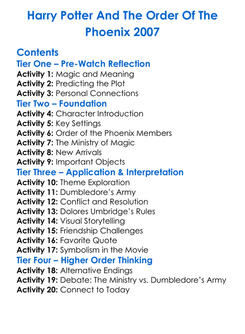 Harry Potter And The Order Of The Phoenix 2007 Worksheet Activity Booklet