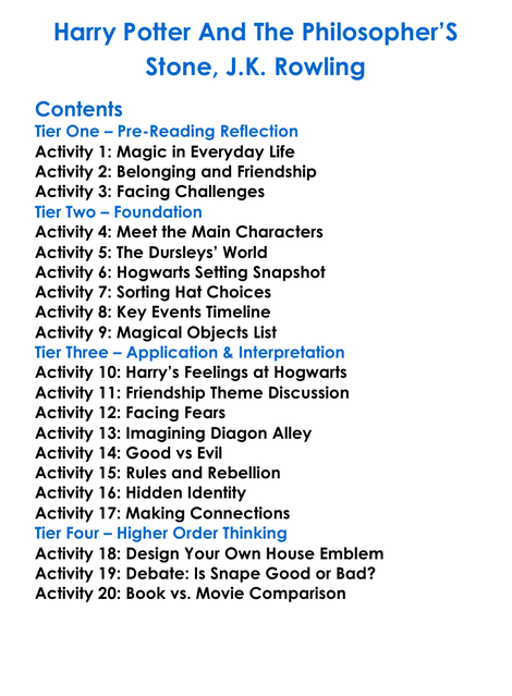 Harry Potter And The Philosophers Stone Jk Rowling Worksheet Activity Booklet