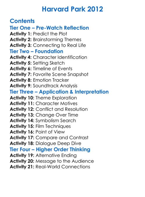 Harvard Park 2012 Worksheet Activity Booklet