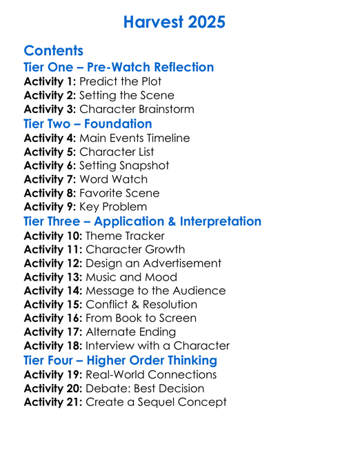 Harvest 2025 Worksheet Activity Booklet