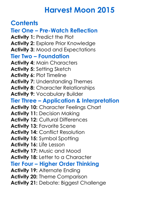 Harvest Moon 2015 Worksheet Activity Booklet