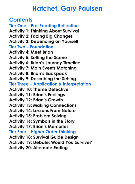 Hatchet Gary Paulsen Worksheet Activity Booklet