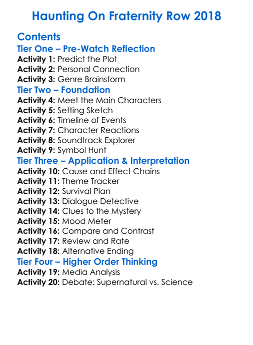 Haunting On Fraternity Row 2018 Worksheet Activity Booklet