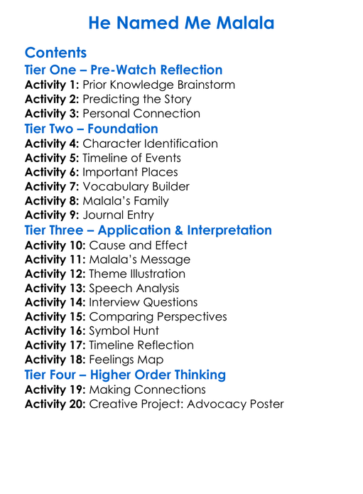 He Named Me Malala Worksheet Activity Booklet