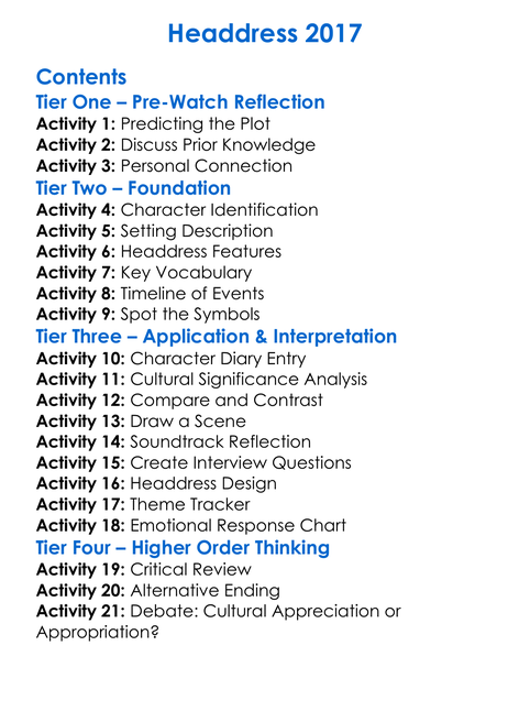 Headdress 2017 Worksheet Activity Booklet