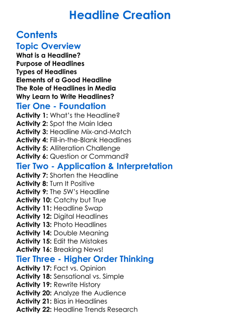 Headline Creation Worksheet Activity Booklet
