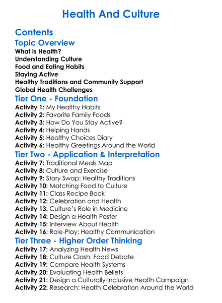 Health And Culture Worksheet Activity Booklet