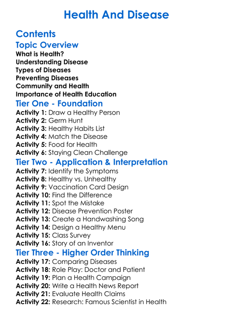 Health And Disease Worksheet Activity Booklet