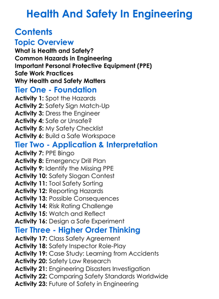 Health And Safety In Engineering Worksheet Activity Booklet