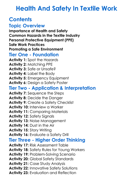 Health And Safety In Textile Work Worksheet Activity Booklet