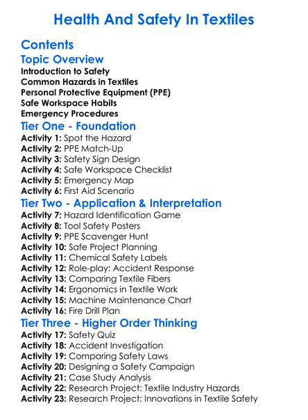 Health And Safety In Textiles Worksheet Activity Booklet