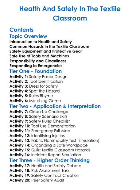 Health And Safety In The Textile Classroom Worksheet Activity Booklet