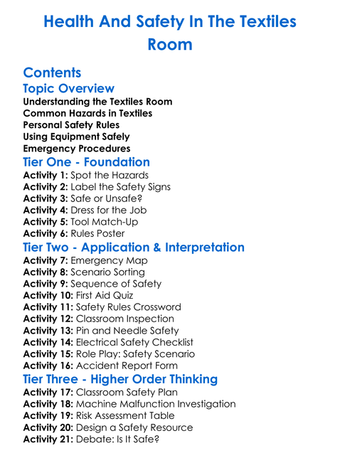 Health And Safety In The Textiles Room Worksheet Activity Booklet