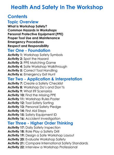 Health And Safety In The Workshop Worksheet Activity Booklet