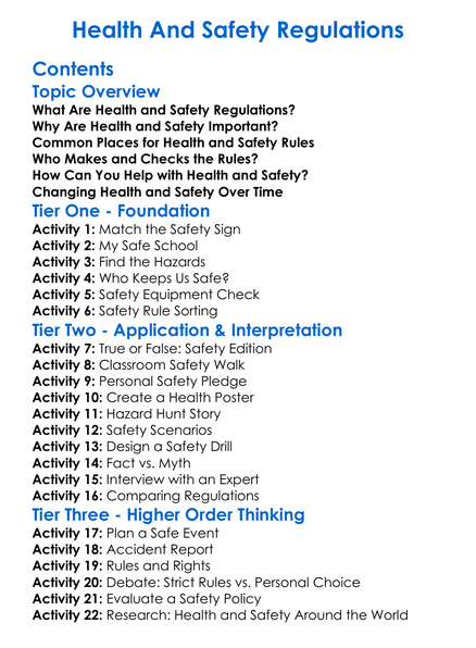 Health And Safety Regulations Worksheet Activity Booklet