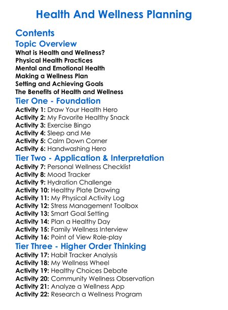 Health And Wellness Planning Worksheet Activity Booklet