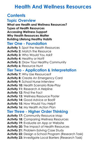 Health And Wellness Resources Worksheet Activity Booklet