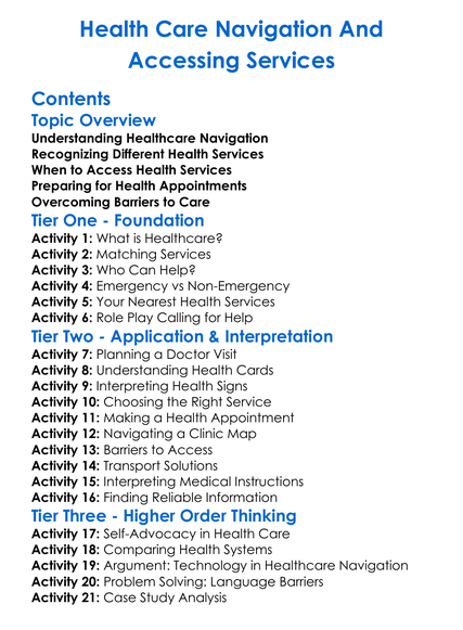 Health Care Navigation And Accessing Services Worksheet Activity Booklet