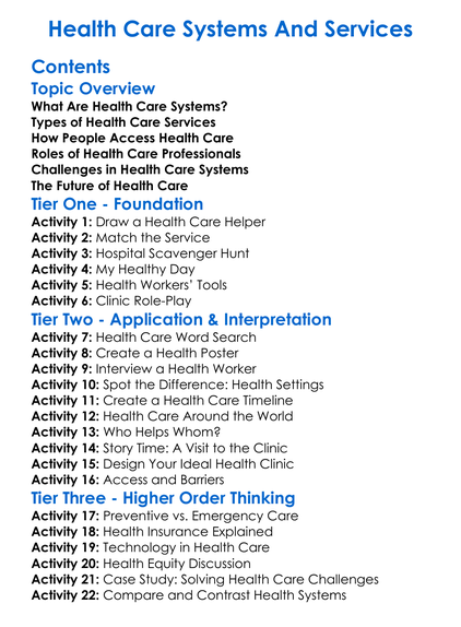 Health Care Systems And Services Worksheet Activity Booklet