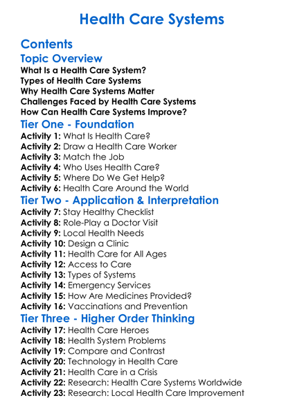 Health Care Systems Worksheet Activity Booklet