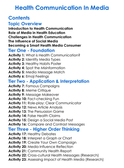 Health Communication In Media Worksheet Activity Booklet