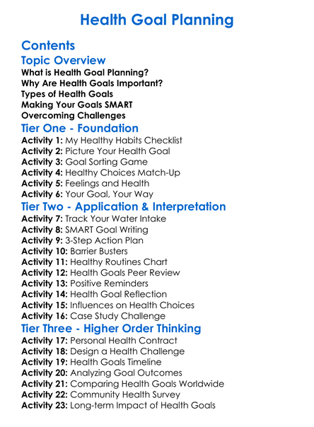 Health Goal Planning Worksheet Activity Booklet