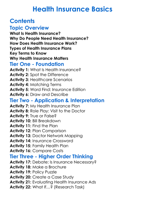 Health Insurance Basics Worksheet Activity Booklet