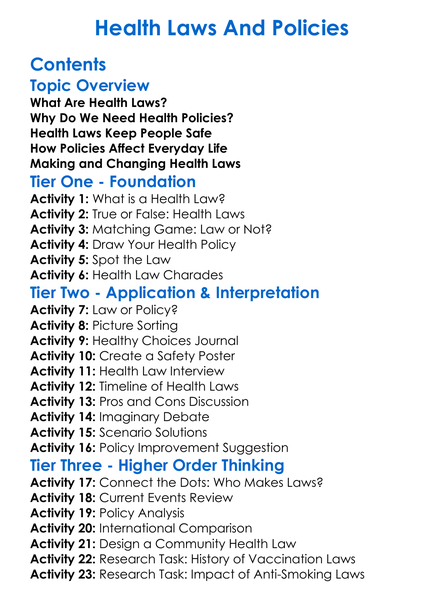 Health Laws And Policies Worksheet Activity Booklet