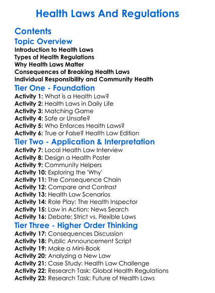 Health Laws And Regulations Worksheet Activity Booklet