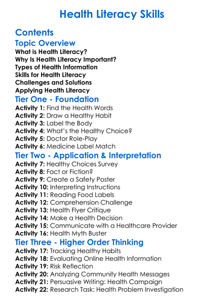 Health Literacy Skills Worksheet Activity Booklet